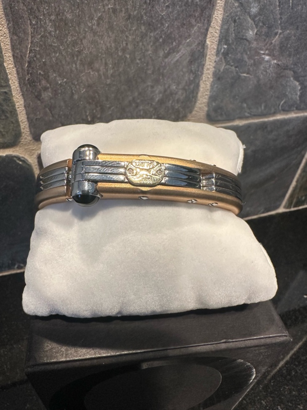 Men's sauro Two-Tone rose gold/ copper plated,two diam. and Stainl Cuff Bracelet